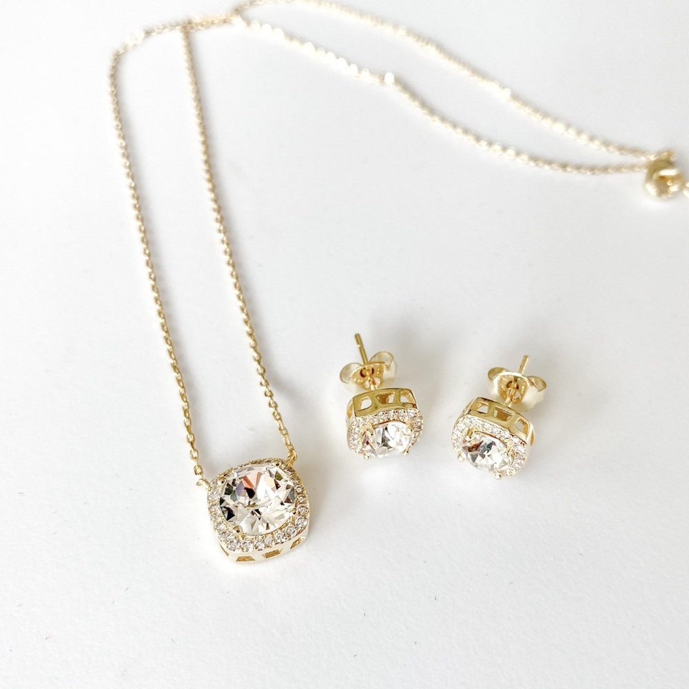 Gold Diamond Square Halo Necklace Stud Earring Set